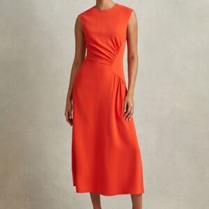 REISS STACEY RUCHED MIDI DRESS Orange Size 8 NWT